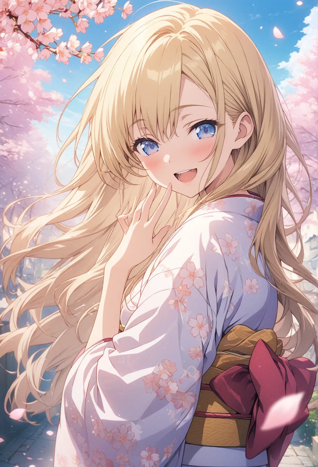 masterpiece, highest quality, Highly Detailed CG Unity 8k Wallpaper, 20 year old girl anime illustration. Attractive Poses、Close your eyes、is opening its mouth, smile.  The background is a pastel-colored landscape,  Blonde Color ,long hair、hair fluttering ...