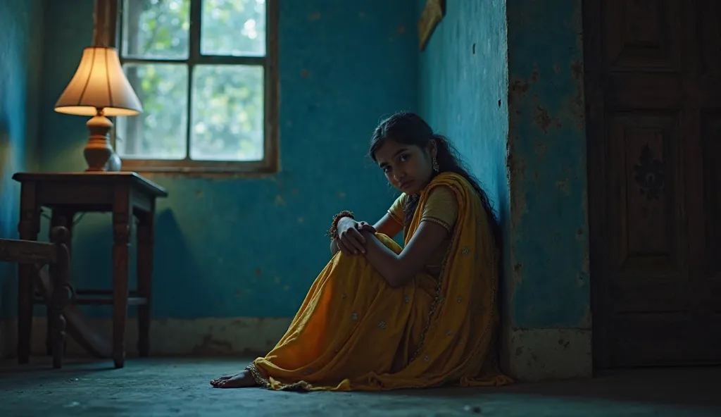 a little cooled lit, a young woman is sitting on the floor, looking to the camera, the girl is sad, a lamp is there, a window on the room, bluish wall, indian environment, girl  is in indian traditional dress, realistic body structure 