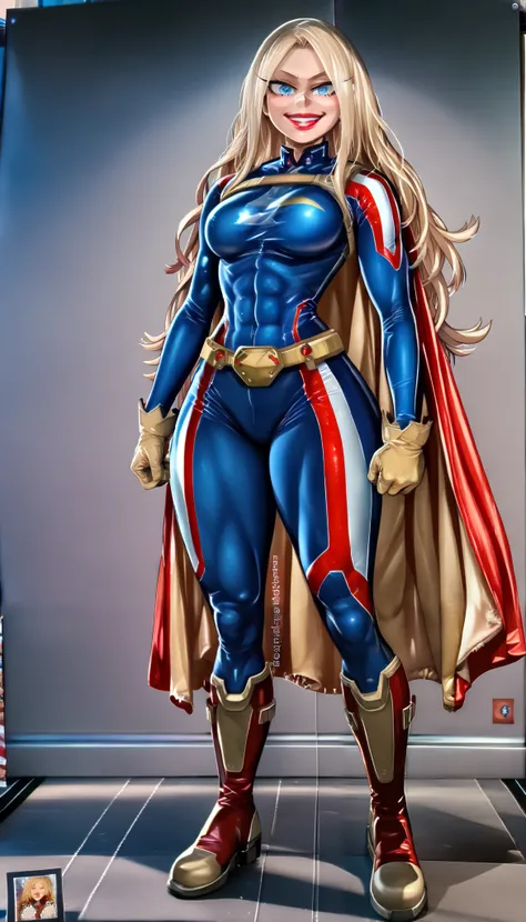 (My Hero Academia Style), (High Quality), 1Girl, Solo, Anthro, (Mature woman), (red lipstick), (Arrogant expression), (look of contempt), (smug smile), (blue eyes), (blond hair), (long hair), (American flag themed hero suit) (navy blue skin-tight hero suit...