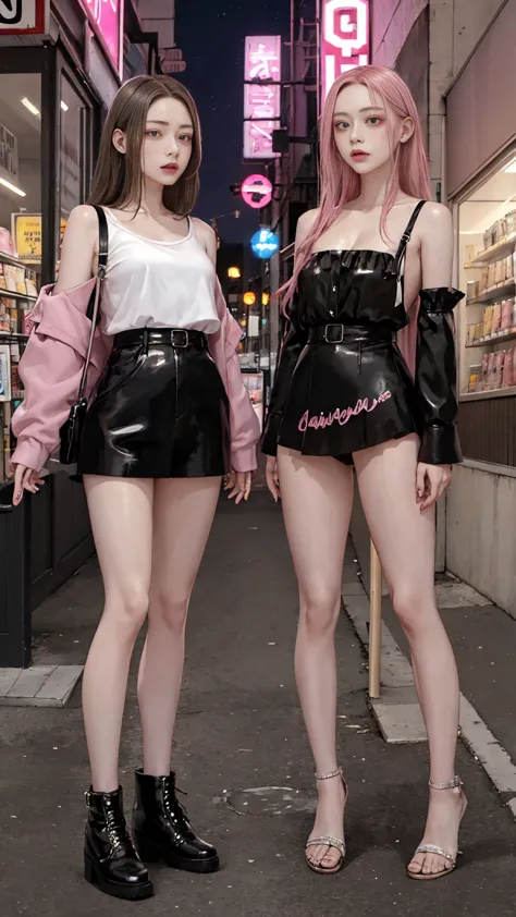 masterpiece, highest quality,

full body,small breasts,

 two girls,Pink and black autographed fashion, viewers,
 night , street, shop, shop, neon,