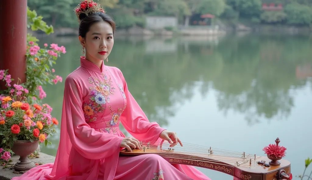 A beautiful woman wearing a bright pink traditional Chinese dress with large breasts is playing the Chinese Guzheng (Guzheng) against a lakeside backdrop, adorned with colorful flowers and traditional items. she looks at the camera, too.