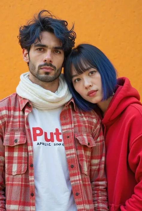 A Europe with a blue hair and a relaxed posture is wearing whit White scarf . His dark, slightly tousled hair falls naturally over his forehead. He is dressed in a white graphic t-shirt with the 'PUTRI APRIL style' logo, layered under a stylish Red checker...