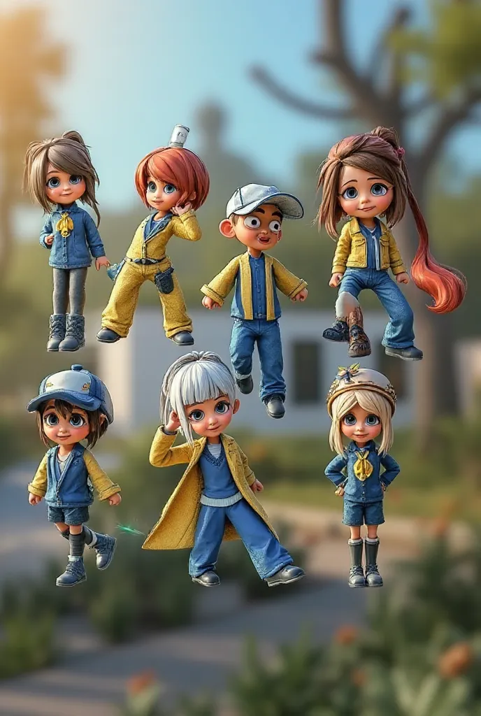 animated character half blue half yellow polygonal, school uniform, high detail, 8K, realistic photograph, studio lighting, detailed representation, natural environment background, material effects, dreamy atmosphere, concept art, digital painting, vibrant...