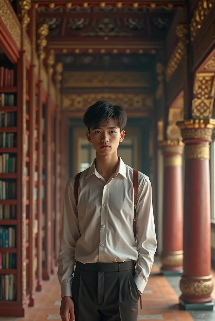 Male student, ,White skin, standing in library ,Thai people