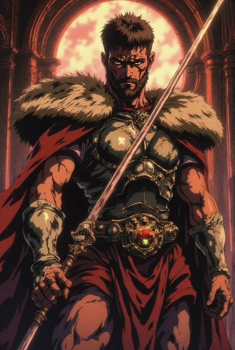 man,with short black hair , short beard , Sicatriz on the left eye, wearing gladiator armor, Inside a luxurious castle , brown eyes, imposing expression.