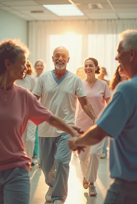 A man patient bald hair is standing while dancing with the other man patients, with the student nurse is standing dancing beside him. 