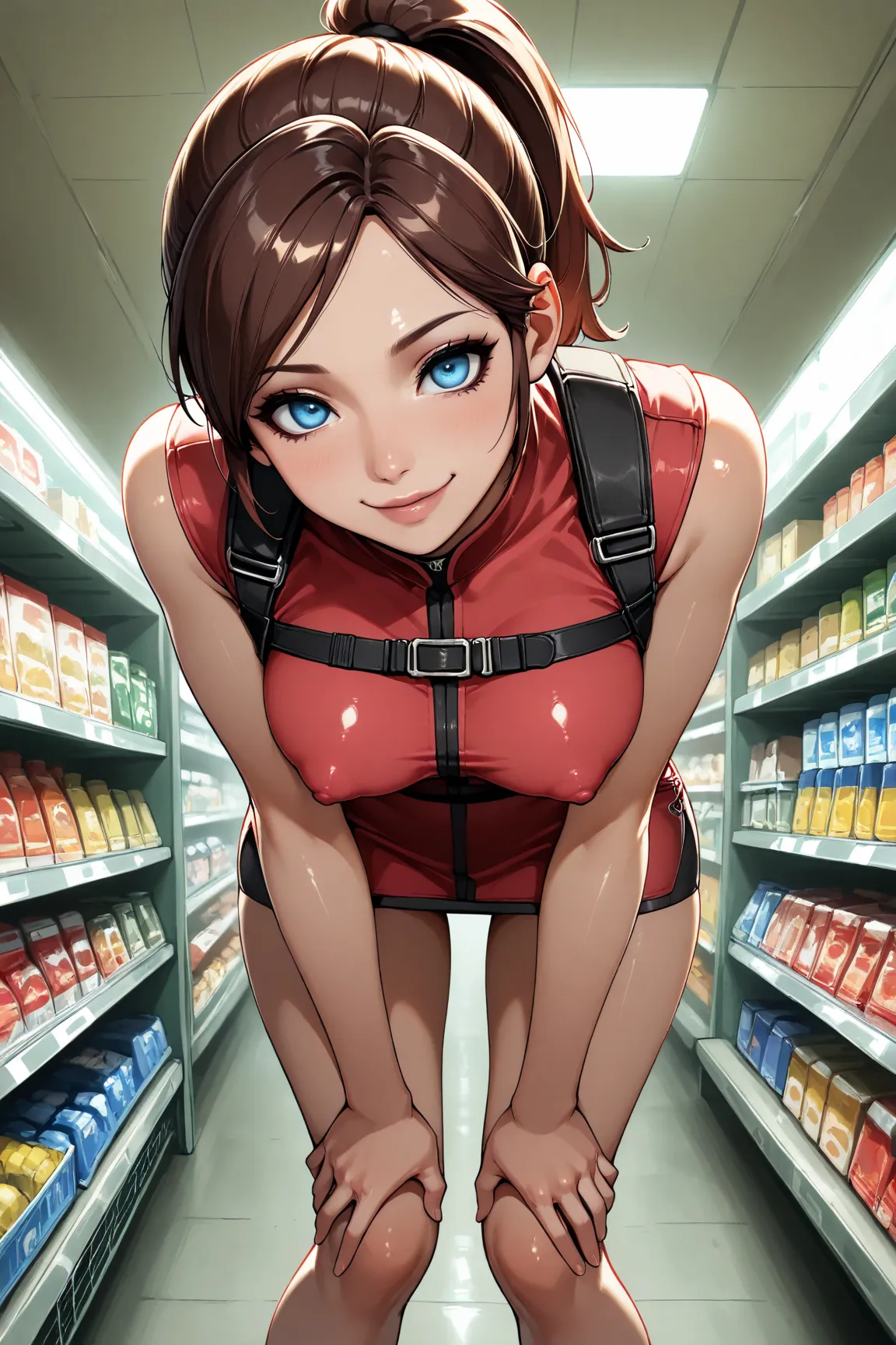 1 girl, solo, Highly detailed, anime, anime style, anime eyes, slender legs, thin waist, resident evil, deserted supermarket, normal sized body, shadows, sexy eyes, highly detailed eyes,, 8k, sexy face, small perky breasts, small tits, black outline, brigh...