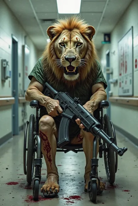 Realistic photos show an injured lion sitting in a wheelchair inside a hospital corridor holding an AK and aiming at the corridor