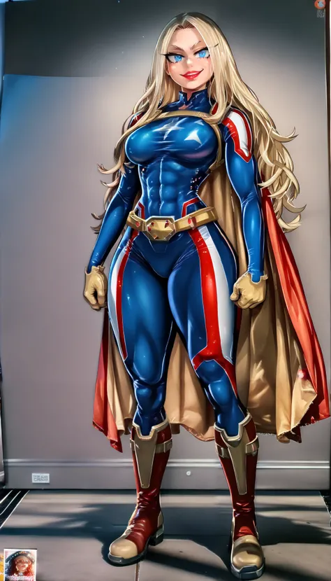 (My Hero Academia Style), (High Quality), 1Girl, Solo, Anthro, (Mature woman), (red lipstick), (Arrogant expression), (look of contempt), (smug smile), (blue eyes), (blond hair), (long hair), (American flag themed hero suit) (navy blue skin-tight hero suit...
