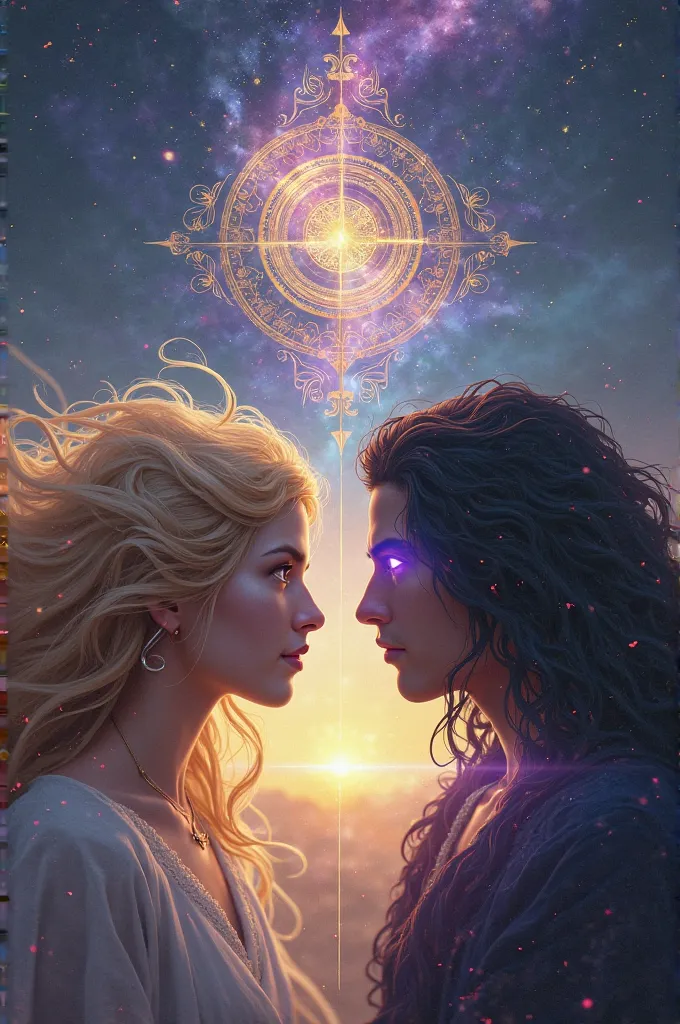 Epic fantasy book cover featuring a dramatic twilight sky with deep blue, purple, and golden orange hues. In the center, two deities face each other: on the left, a radiant god with flowing golden blonde hair, glowing silver eyes, and softly radiant skin; ...