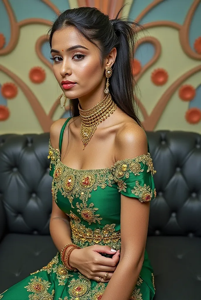 A young South Asian woman with medium skin and dark hair tied back rocks a fancy green and gold saree with intricate floral designs. She's decked out with gold jewelry, including a necklace, earrings, and a bracelet. She's chilling on a black couch against...