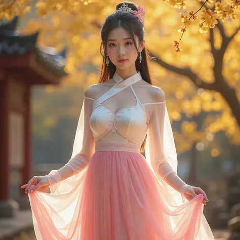 Highly realistic,Exquisite and delicate ,Super Detail, Professional Photography ,Vivid Color,blurred depth of field,Wear Pink Satin Skirt,Silk Flowy Tulle,Qian Girl Ghost Style, Oriental beauty ,Real beautiful face,full body, front view,Yellow Flower Wind ...