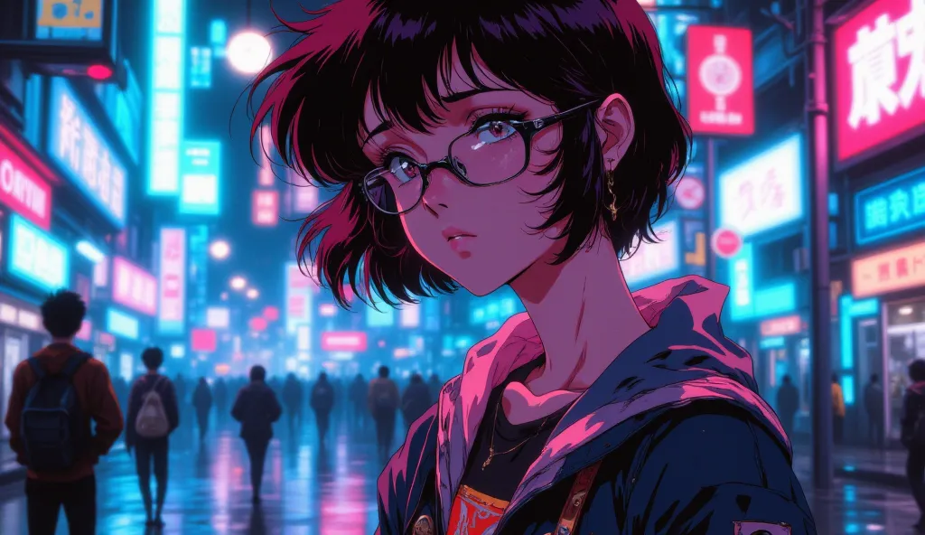 short-haired woman with black glasses,  college jacket, neon lights, anime, blurred background 