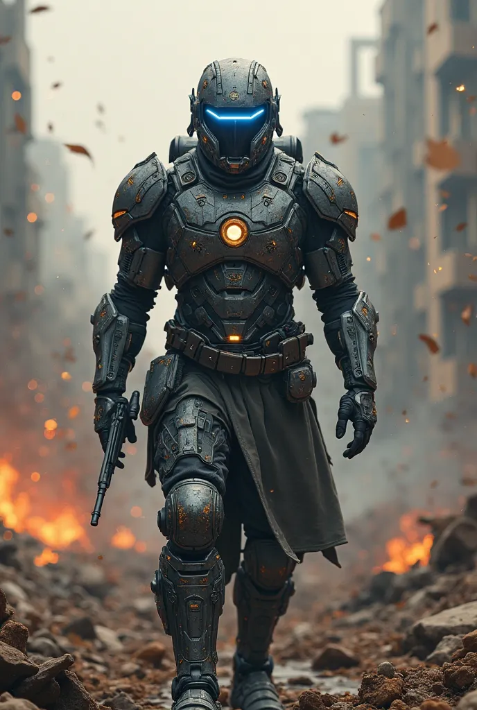 An Indonesian soldier from the year 4078, wearing high-tech battle armor infused with advanced futuristic technology. His design reflects a strong and heroic presence, with glowing energy cores and intricate cybernetic details. The background depicts a war...