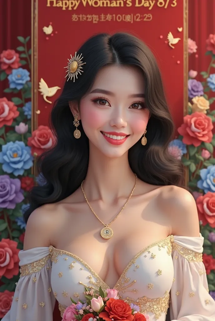 Super detailed portrait of a very beautiful and attractive white woman, big black eyes, shiny pink lips, long black hair with a gold star-shaped hairpin with the words 8/3 very artistically, hair parted on the left, bright smile showing off beautiful white...