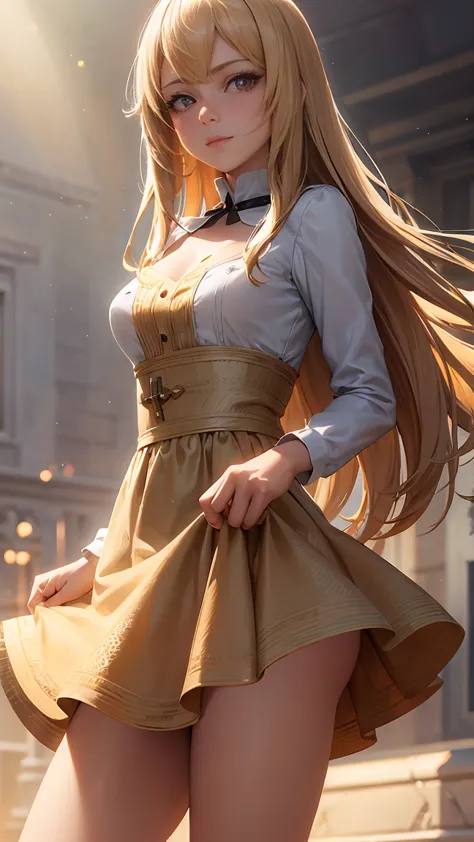 happy, looking at spetactor, 1girl, solo, kharia, blonde hair, long hair, tits, brown eyes, medium chest, dress, 8k, uhd, hyper realist, cgi, high quality, perfect face, detailed eyes, open upskirt