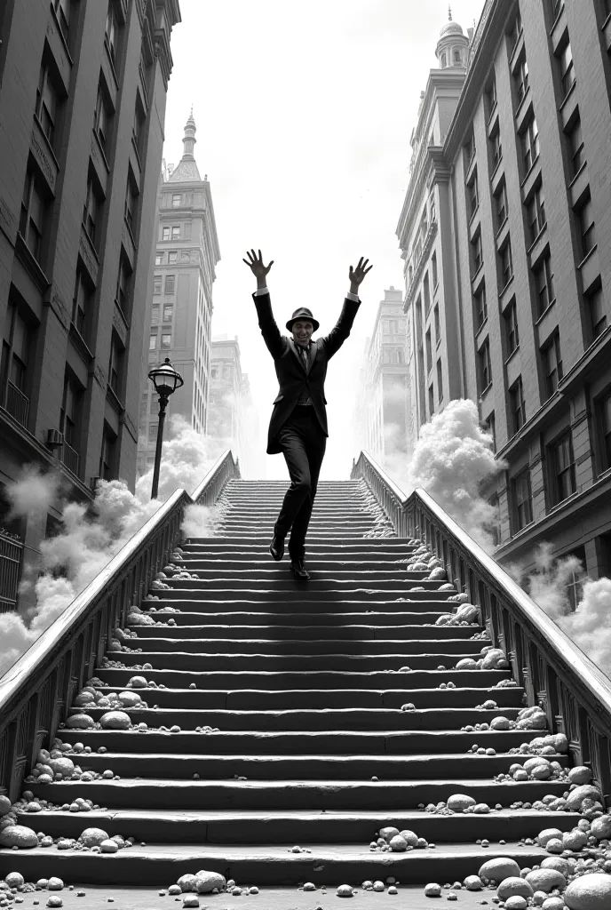 Scene :

. In a shot inspired by the scene of the Joker dancing on the stairs, Max Wheeler appears standing on a long staircase in a deserted street, dancing victoriously after a huge chaotic moment.

Max is in the middle of the ladder. His body is slightl...