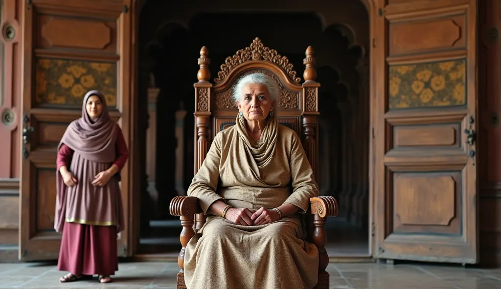 A grand, old mansion with intricate wooden doors, traditional architecture, and a spacious courtyard. Inside, an elderly woman, Rais Begum, sits on a high-backed wooden chair, dressed in an elegant yet authoritative traditional outfit. She has a stern expr...