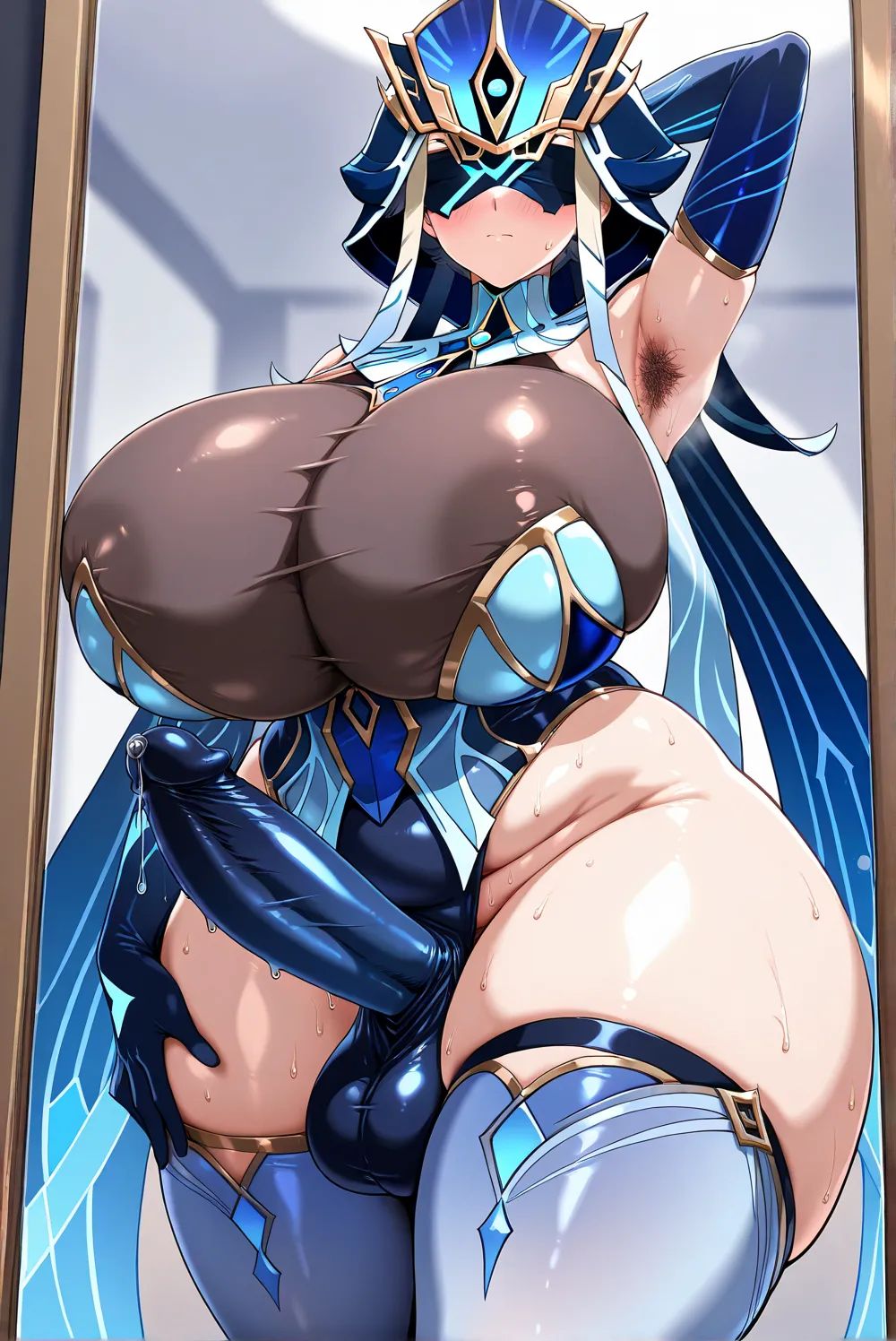 (Mirror Maiden (genshin_impact),blindfold,),(in heat,blush,close mouth,body sweat,),(gigantic huge busty,glamorous,plump,big hips,breasts together,tight breasts,covered breasts,),((Mirror Maiden (genshin_impact) Costume)),(corset,solo,elbow gloves,thigh hi...