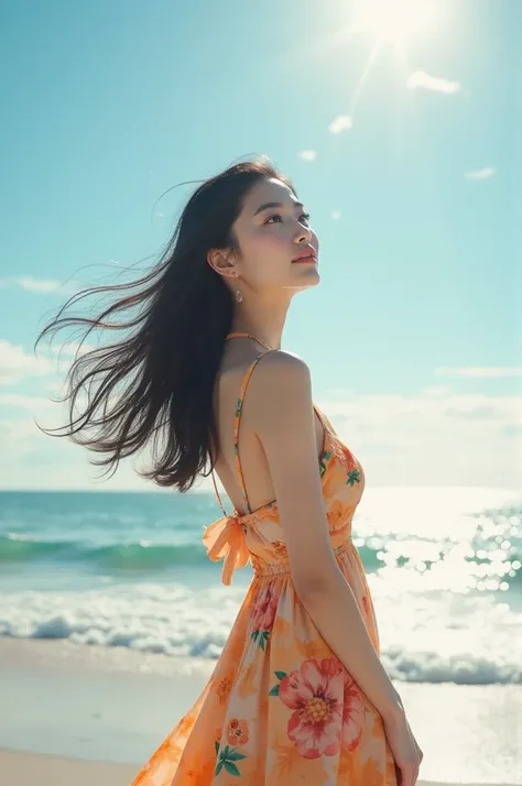 Create an Asian woman on a beach
