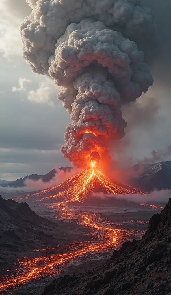 A massive volcanic eruption in Iceland, with lava flowing and a colossal plume of ash rising into the sky. The landscape is volcanic and rugged, with the eruption creating a stark, apocalyptic