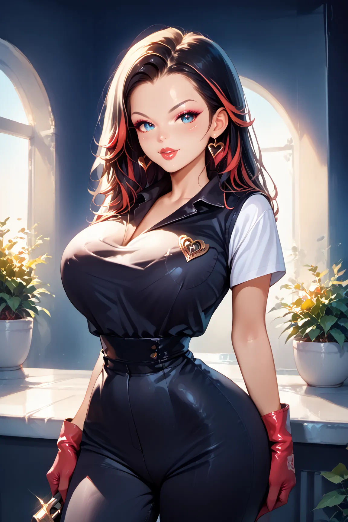 Cowboy shot:1.3, One woman. heart-shaped face, beautiful clear eyes, and soft, large perky breasts, slim waist, and big ass. She has long black hair with red highlights held up in a chignon. She wears a uniform with a black vest top and white t-shirt. She ...