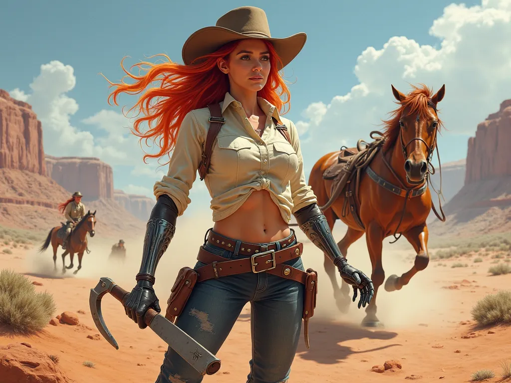 cute woman with red hair in a cowboy outfit holding a mine with her prosthestic arm. Brown horse runing in the background. High detail western art.