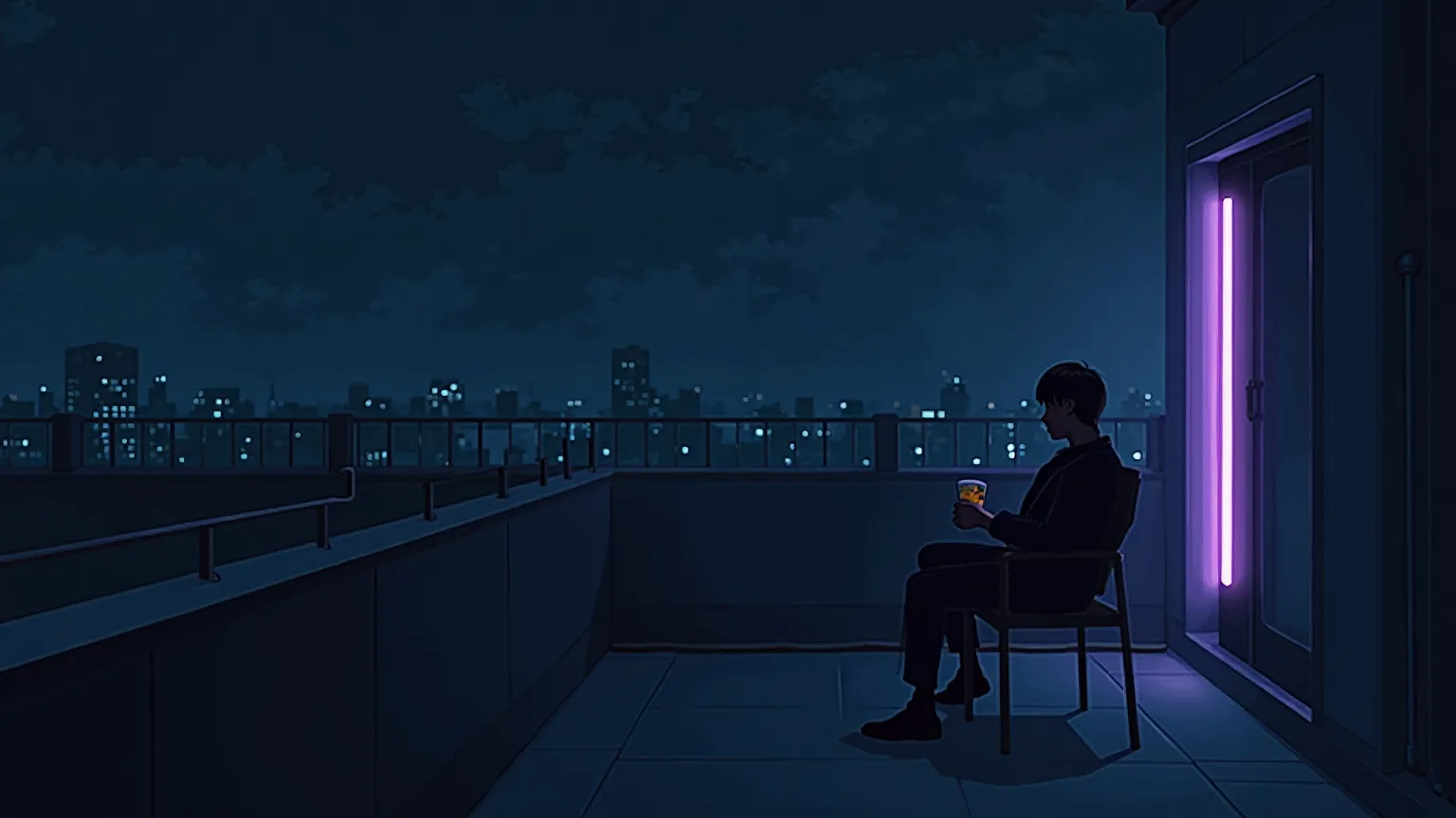 "A dark rooftop at night with a single glowing neon tube in soft purple, a shadowy figure sitting on a chair with a drink, faint sound waves pulsing in the air, minimalist design with deep blue and silver tones, evoking a slow melancholic night, YouTube th...