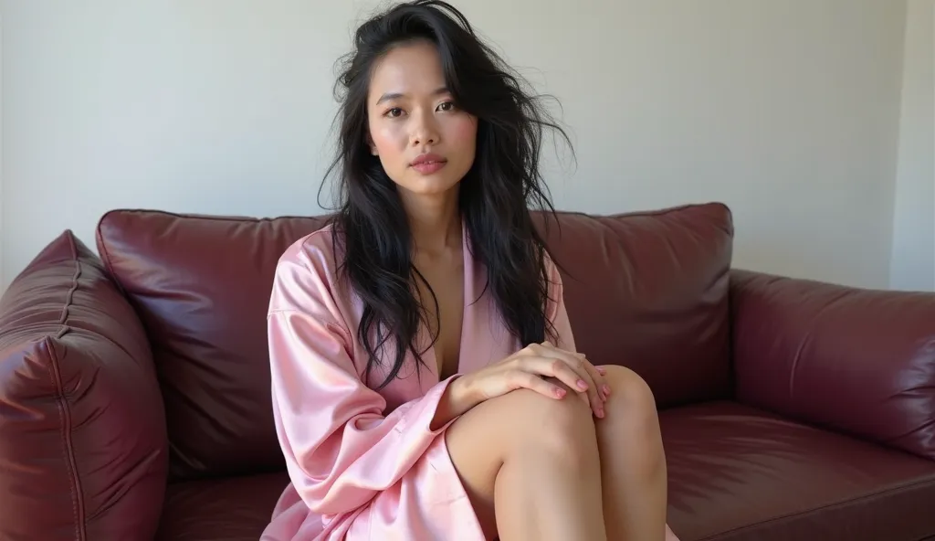 photography, professional photo, realistic photo, 30 year old beautiful woman from sundanese round face, long black messy hair, ideal body, wearing pink satin robe, long smooth legs, full body, sitting relaxed on maroon leather sofa, with white wall backgr...