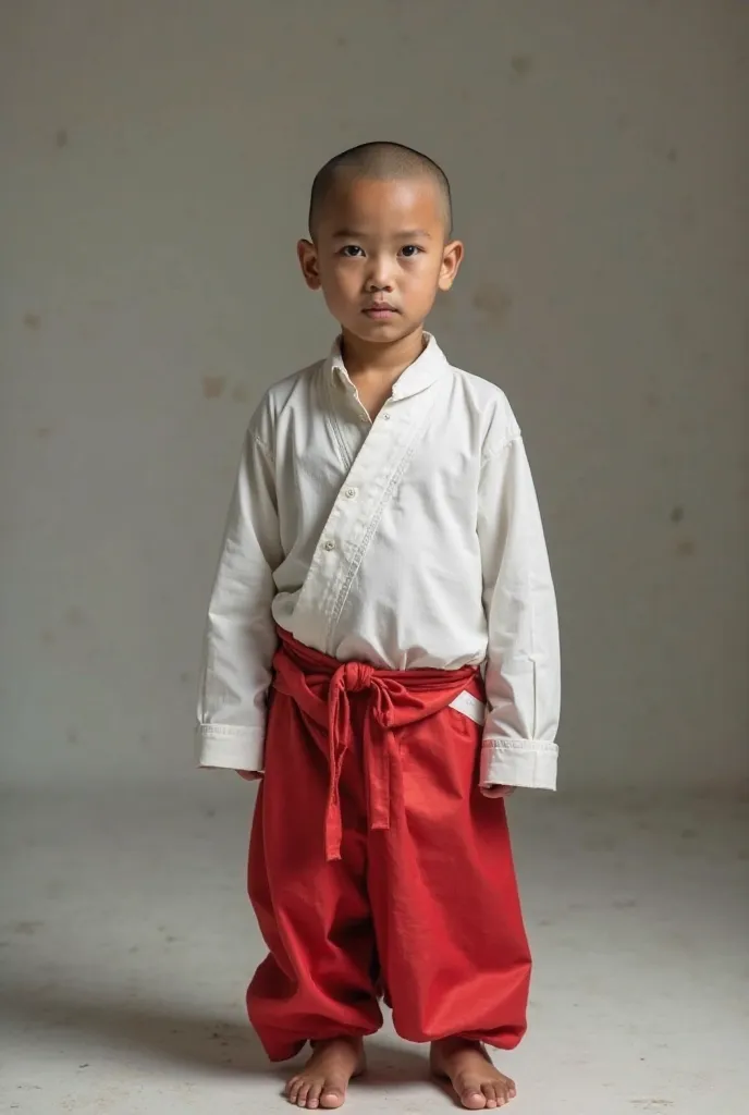 Image of a bald 15-year-old Indonesian boy wearing a white dress top and red bottom wearing no footwear