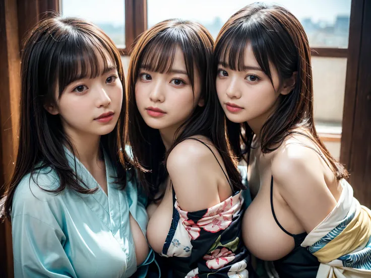 (RAW photo, 4k, masterpiece, high resolution, extremely complex) (realistic: 1.4), cinematic lighting
 ((2 girls)),Slam Dunk's,blushing,((innocent)),(Dark makeup),bright eyes,round eyes,blunt bangs,(straight hair:1.3),black hair,large breasts,wide hips,Sum...