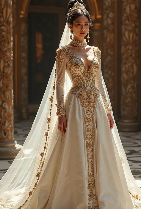 White and gold wedding dress with long trail for an empress wedding. The bodice shoulv be cover in Dimonds and rubies with gold embroidery