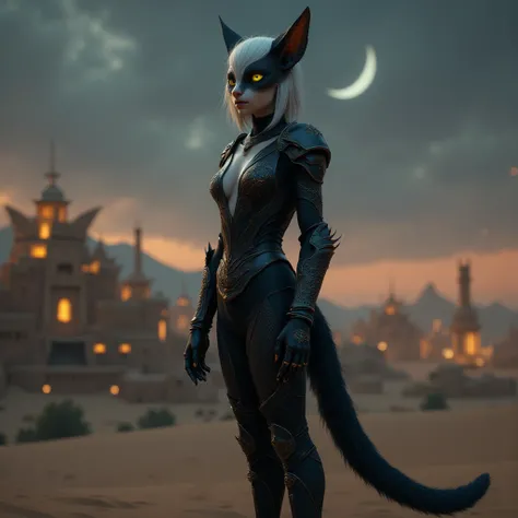 (best quality,4k,8k,highres,masterpiece:1.2),ultra-detailed,(realistic,photorealistic,photo-realistic:1.37),gray half human and half Khajiit from Skyrim with green eyes in a moment of contemplation on the desert dunes, with a crescent moon in the night sky...