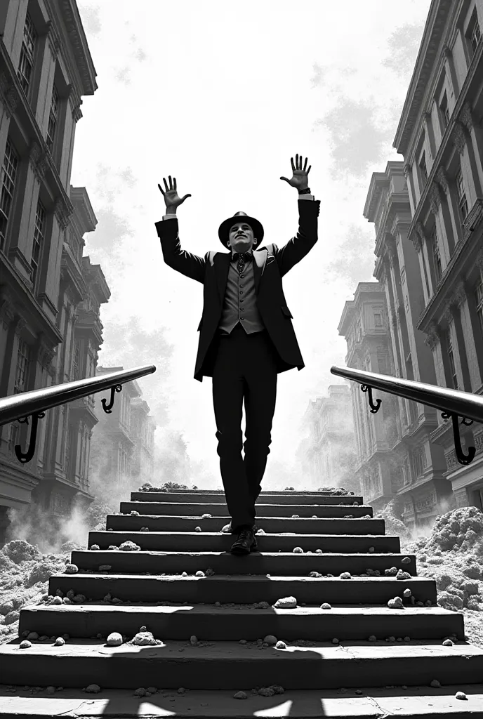 Scene :
Chunin mango white and black 
In a shot inspired by the scene of the Joker dancing on the stairs, Max Weller is shown standing on a long staircase in a deserted street, dancing triumphantly after a huge chaotic moment.

Max is in the middle of the ...