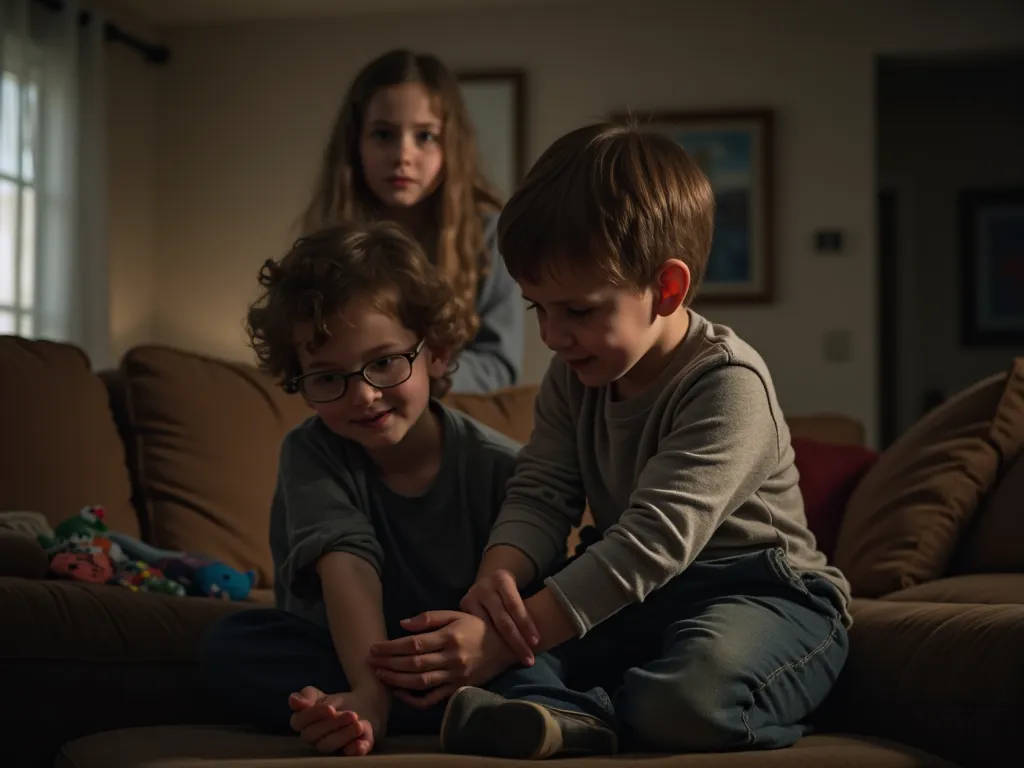 A living room with a couch, a young boy dramatically clutching his ankle while a  stands behind him, smiling unnaturally. The babysitter, a age girl, looks confused and scared. The lighting is dim, with shadows casting an ominous mood. Realistic and detail...