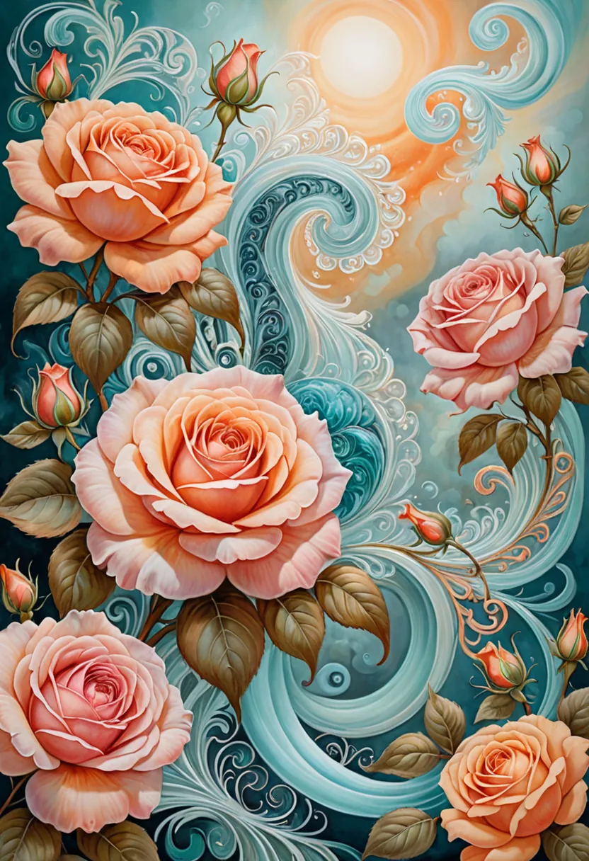 Fanciful Fantasy Elegant Rose Botanical Maximalism and Flower Waves Flowing Gardens, aqua, Tender Apricots, Smoke Fractal, Whimsical and Large Realistic Flowers, Octane Rendering, Josephine Wall Art, isabelle menin, Jean, Amy Brown 