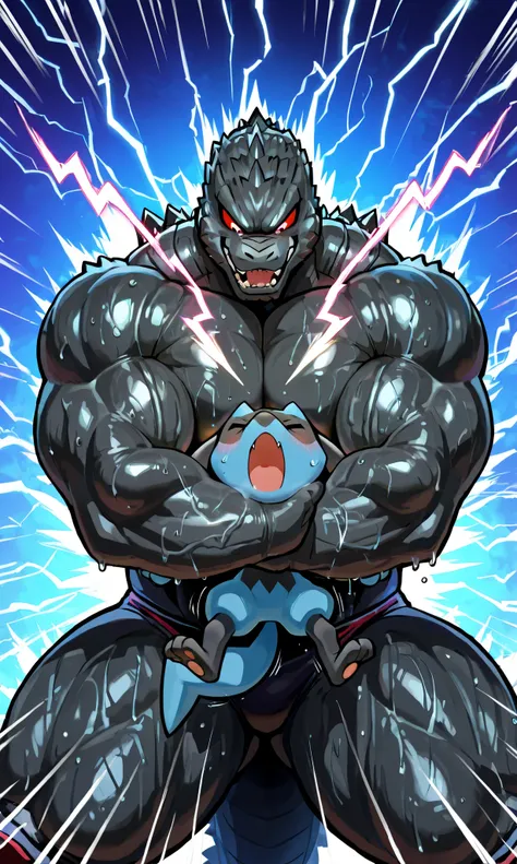 giant godzilla wrestler, small feral riolu, wresling, submission hold, [godzilla:lying on back, head lock, crossing arms, hugging, arms around neck, heavy weight bulky fat, giant plump muscular body, thick arms, big pectoral muscles, venis popping, evil gr...