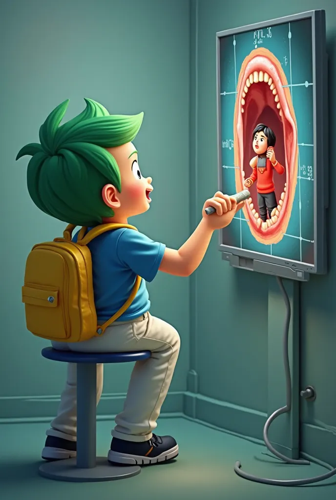 A realistic photo of A  boy green hair blue shirt white pants and yellow backpack are doing a endoscopy camera are still inside the mouth. The results of the endoscopy test was shown in a big  screen show that he accidentally eat a miniature man with black...