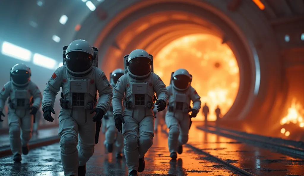 "A group of astronauts in high-tech space suits running towards a spaceship on a futuristic spaceport. The background shows a burning city on Earth with an asteroid about to hit. Their faces (seen through helmet visors) display urgency and concern. Some ar...