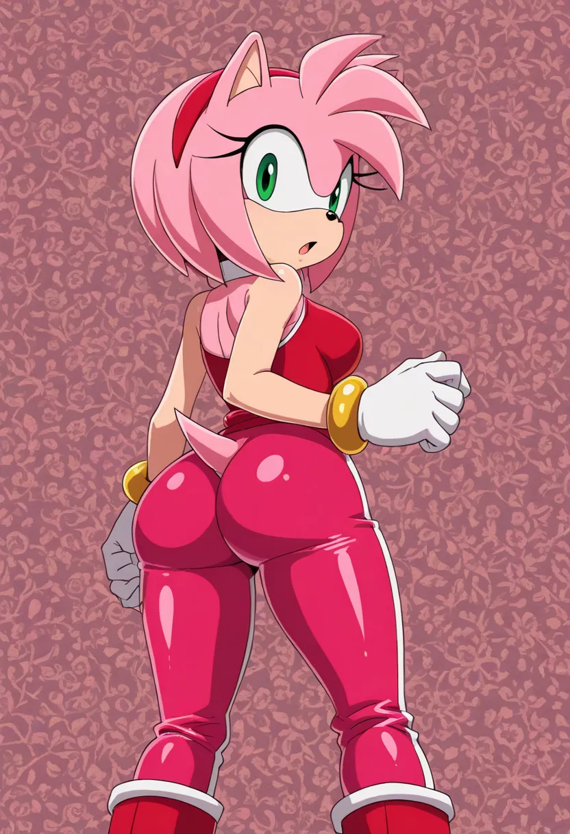 an anime style female character dressed in pink pants and boots with a flower pattern background to the side, 1girl, furry female, furry, solo, bracelet, ass, jewelry, green eyes, pink hair, looking back, pink fur, spikes, tail, animal ears, from behind, s...