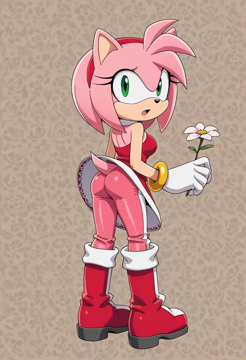 an anime style female character dressed in pink pants and boots with a flower pattern background to the side, 1girl, furry female, furry, solo, bracelet, ass, jewelry, green eyes, pink hair, looking back, pink fur, spikes, tail, animal ears, from behind, s...