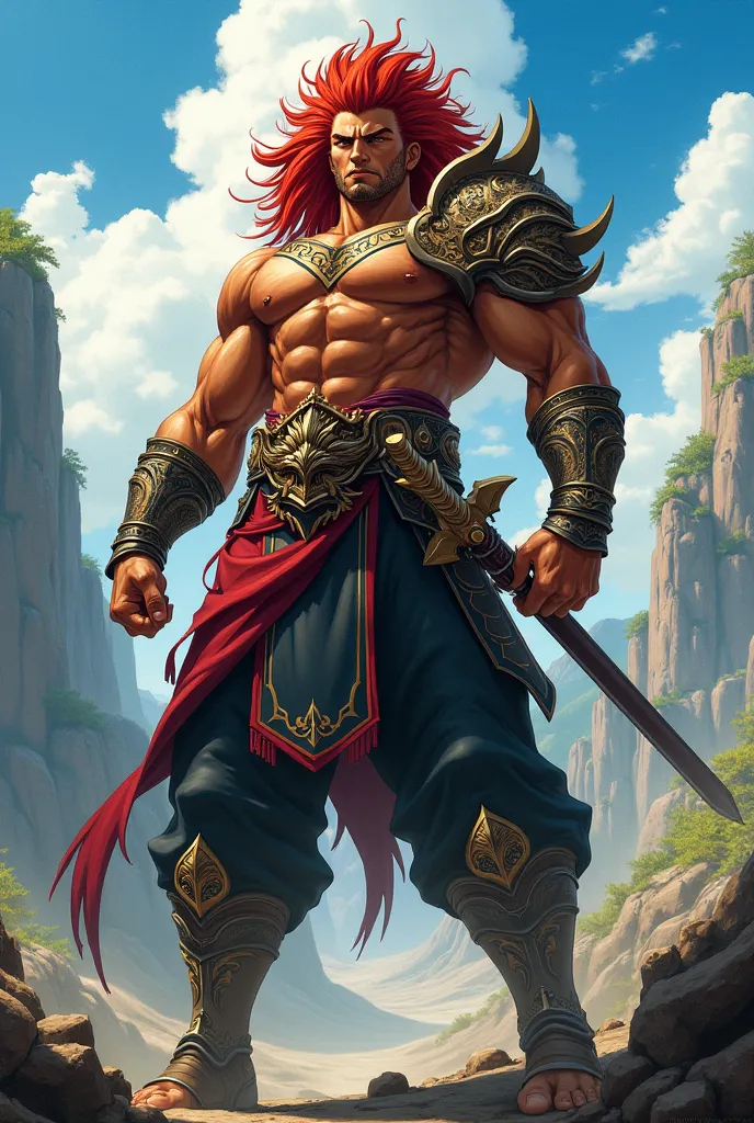 Warrior man with dark skin and red hair anime style