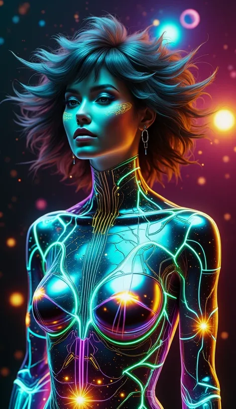 ((Masterpiece, High Quality, Super Detail: 1.4)), Female looks like a living galaxy, Skin is translucent with a "starry glass" effect revealing swirling galaxies inside, Veins glow neon blue-white like rivers of cosmic energy, Hair is a shiny black mass wi...