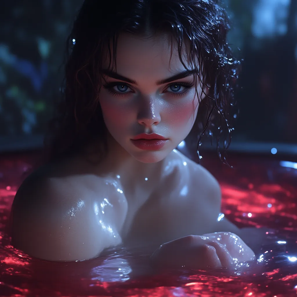 hyperrealistic and ultra-detailed 4K portrait of an incredibly beautiful woman with bright and penetrating sapphire blue eyes, Very long and abundant jet-black hair that reaches her hips and falls on her shoulders delicately. Her pale skin shines under the...