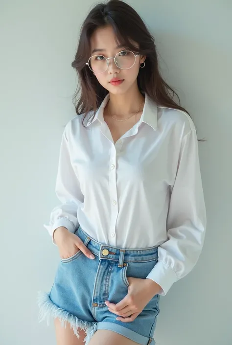 there is a woman in a white shirt and blue shorts posing for a picture, a picture inspired by Leng Mei, tumblr, tachisme, smooth white tight clothes suit, 1 , with glasses, young and cute girl, sexy girl, korean girl, in white clothes, reluvy5213, 8k)), we...