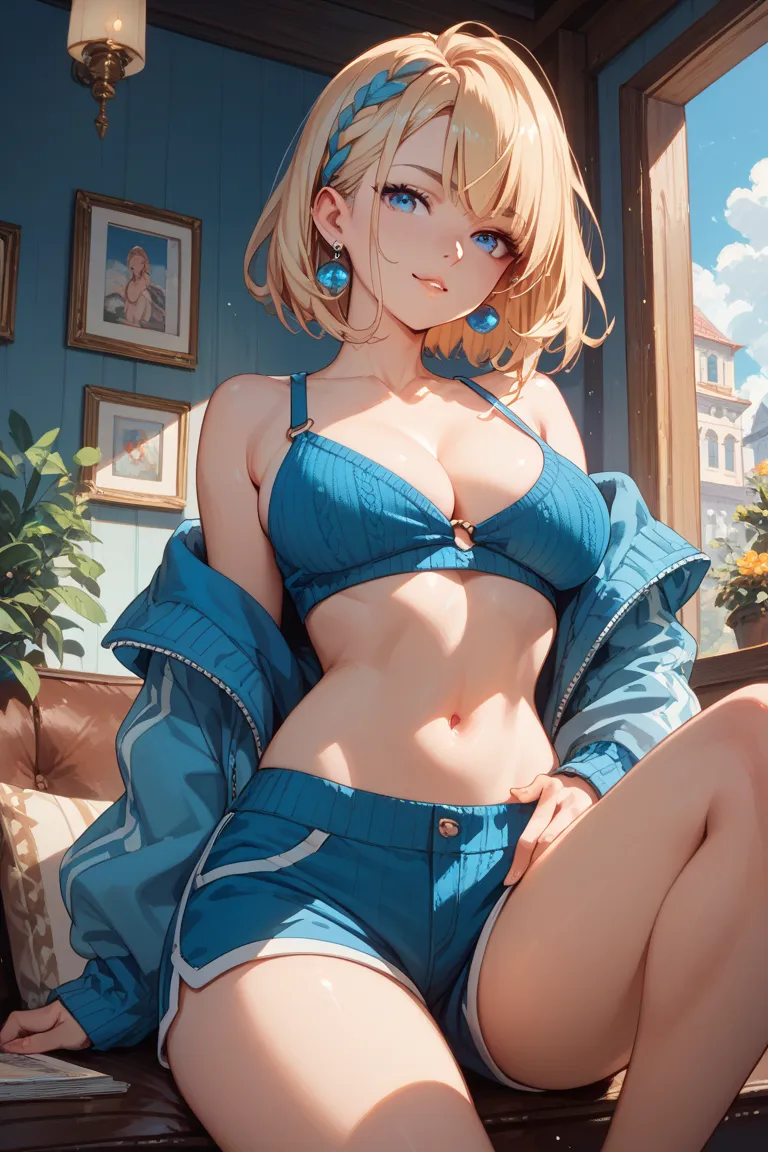 blond long blue eyes　Blue knit　shorts　 show me breasts