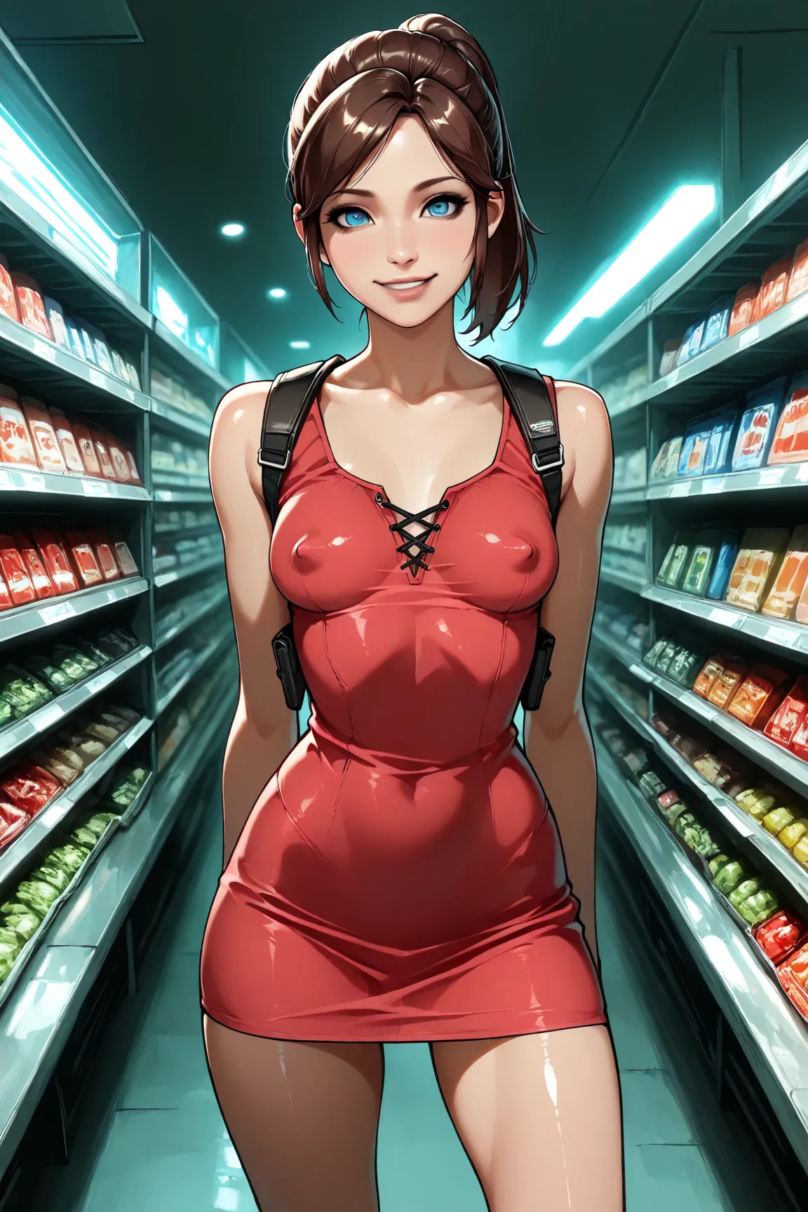 1 girl, solo, Highly detailed, anime, anime style, anime eyes, slender legs, thin waist, resident evil, deserted supermarket, normal sized body, shadows, sexy eyes, highly detailed eyes,, 8k, sexy face, small perky breasts, small tits, black outline, brigh...