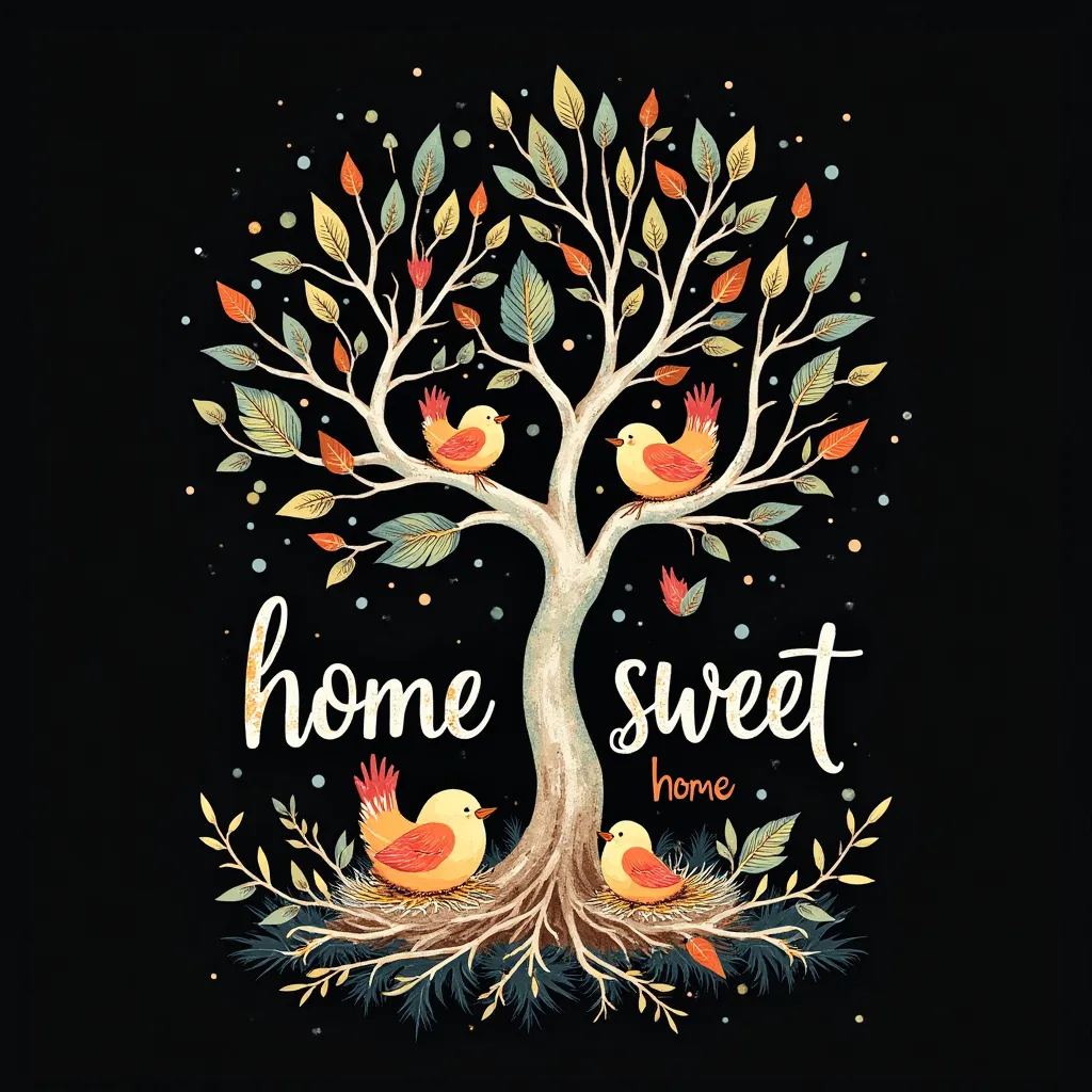 Whimsical design of a tree with birds nesting, watercolor effect, on a black canvas, with the text "Home Sweet Home" in a cute font, ideal for t-shirt graphics.