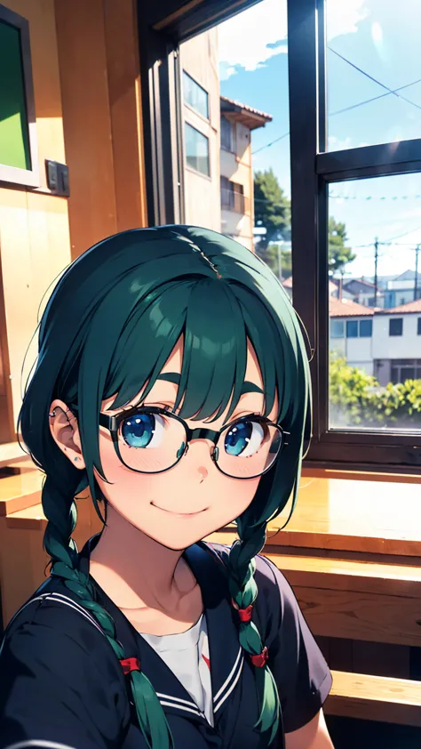  8K product,( masterpiece:1.3), highest quality, detailed image , female 1,Symmetrical, 18 years old ,Medium,(smile,smile,),( green hair,With bangs,two braids),( thick eyebrows,thick eyebrows),( blue eyes , blue eyes),(Frameless Glasses, Thin Framed Glasse...