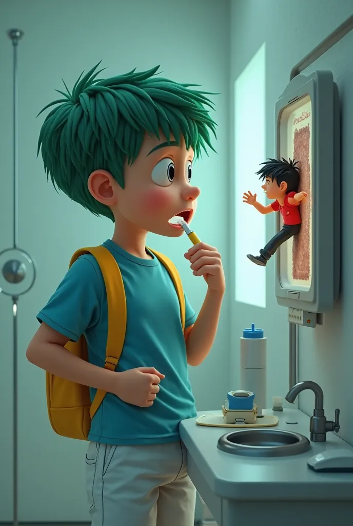 A realistic photo of A  boy green hair blue shirt white pants and yellow backpack are doing a endoscopy camera are still inside his mouth. The results of the endoscopy test was shown in a big  screen show that he accidentally eat a miniature man with black...